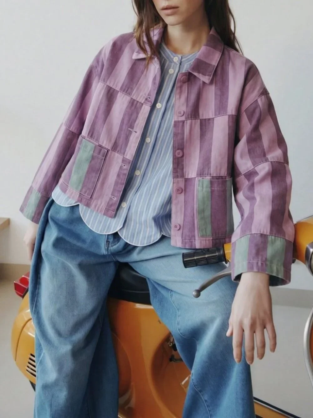 Mauve Pink Patchwork Denim Jacket with Contrast Trim